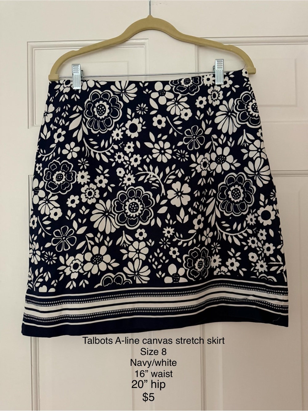 Talbots Navy & White Floral Border A-Line Skirt